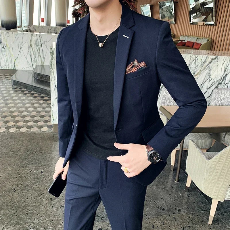 (Jaqueta + calças) marca de alta qualidade formal negócios xadrez terno masculino noivo vestido de casamento cor sólida desempenho de palco smoking S-7XL